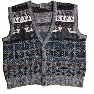 Vintage Impact Sweater Vest  XL Geometric Patterns Genuine Leather Trimming